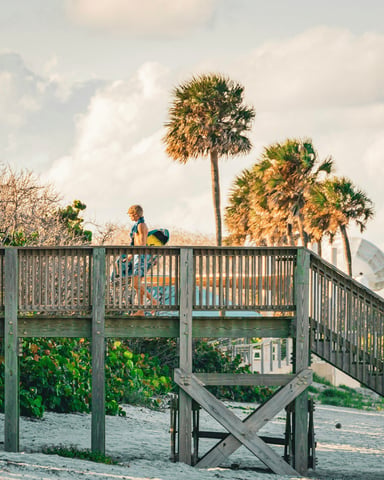 Wooden boardwalk with palm trees leading to the beach at golden hour