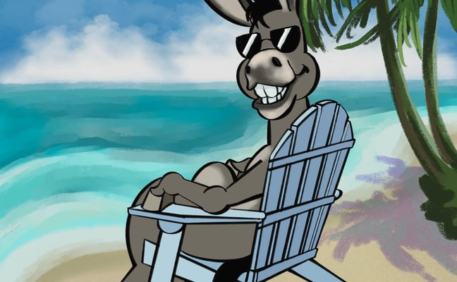 Cartoon donkey in sunglasses relaxing in a beach chair
